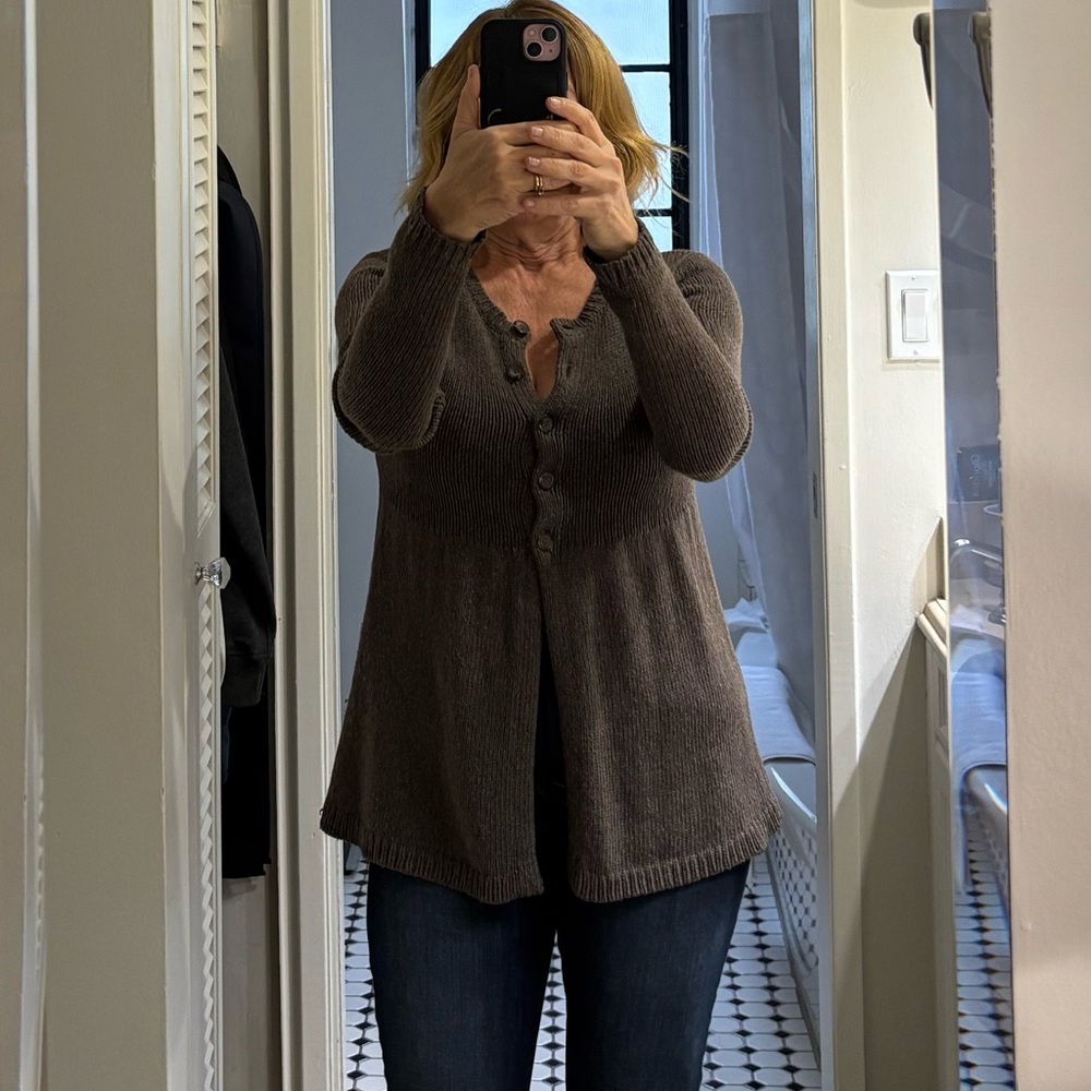 Vince Half Button Pleated Baby Doll Cardigan Sweater